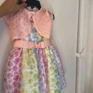 Rainbow flower dress with light cardigan